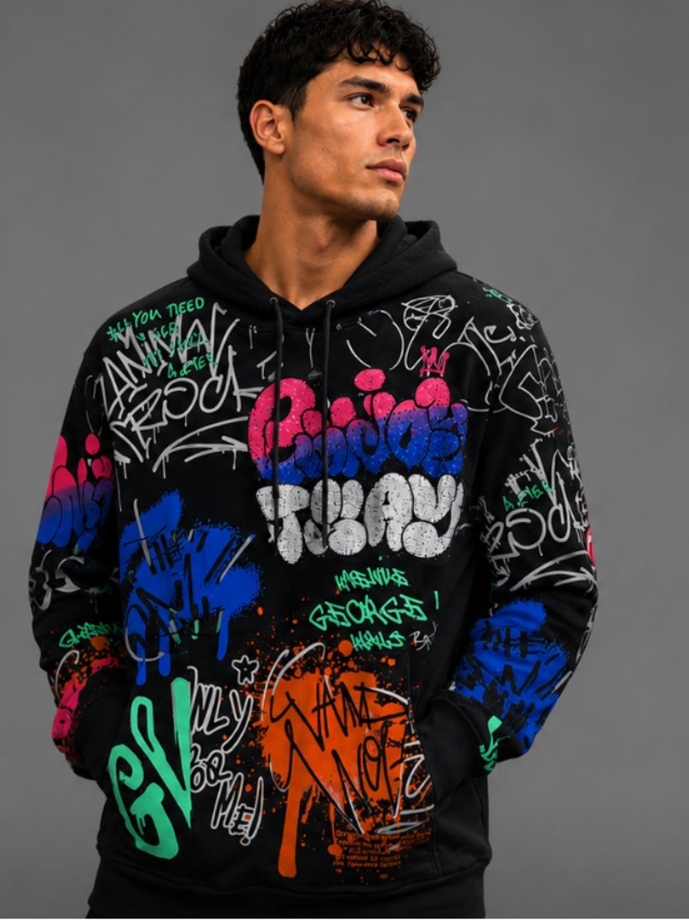 George V Paris Black & White Graphic Mens Rhinestone Hoodie